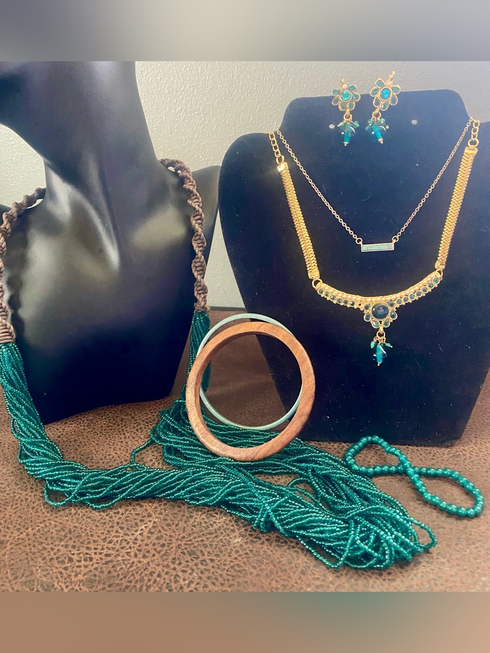 Hand Crafted Gold and Teal Jewelry Set with Beaded Necklace and Earrings